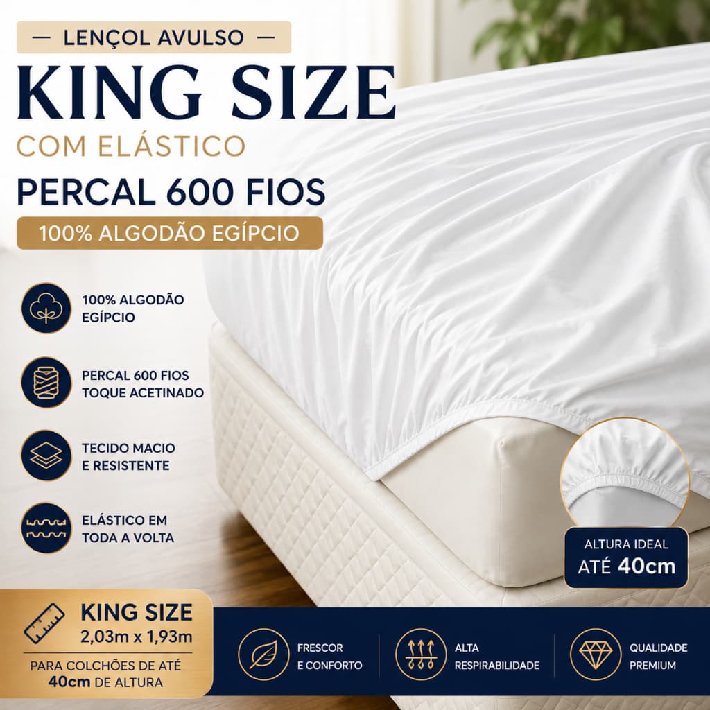 Lencol Super King Avulso Com Elástico Percal 600 Fios 100% Algodão Toque Acetinado Macio Altura 40cm