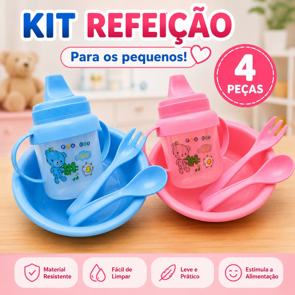 Kit Refeição Infantil 4 Peças Bebê Prato Copo Talheres