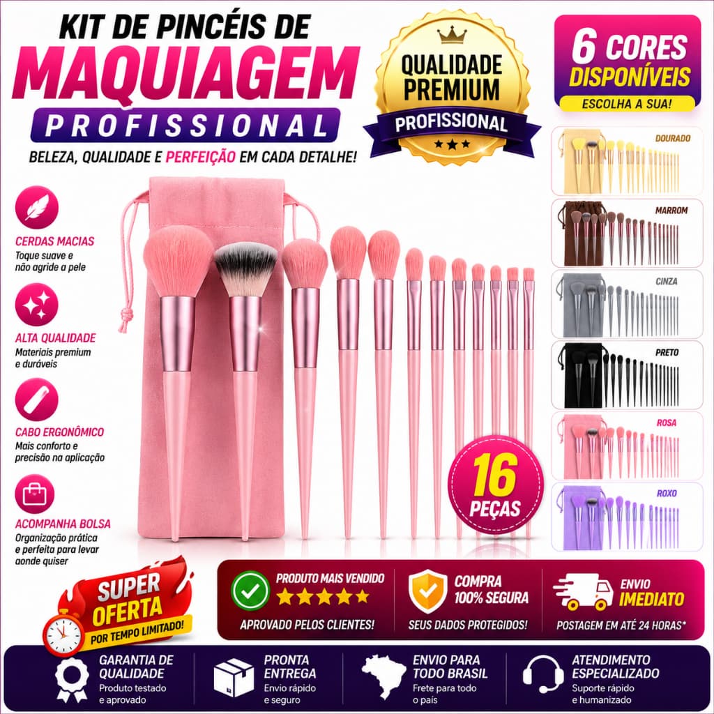 Conjunto 13 Peças Pincéis de Maquiagem Grande Qualidade com Estojo de Veludo (Cores Sortidas)