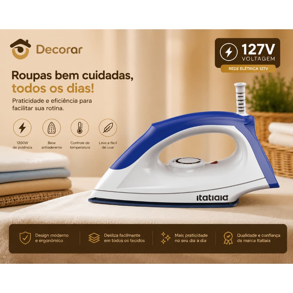 Ferro a Seco Itatiaia 1200W 127V Base Antiaderente Controle de Temperatura Branco e Azul