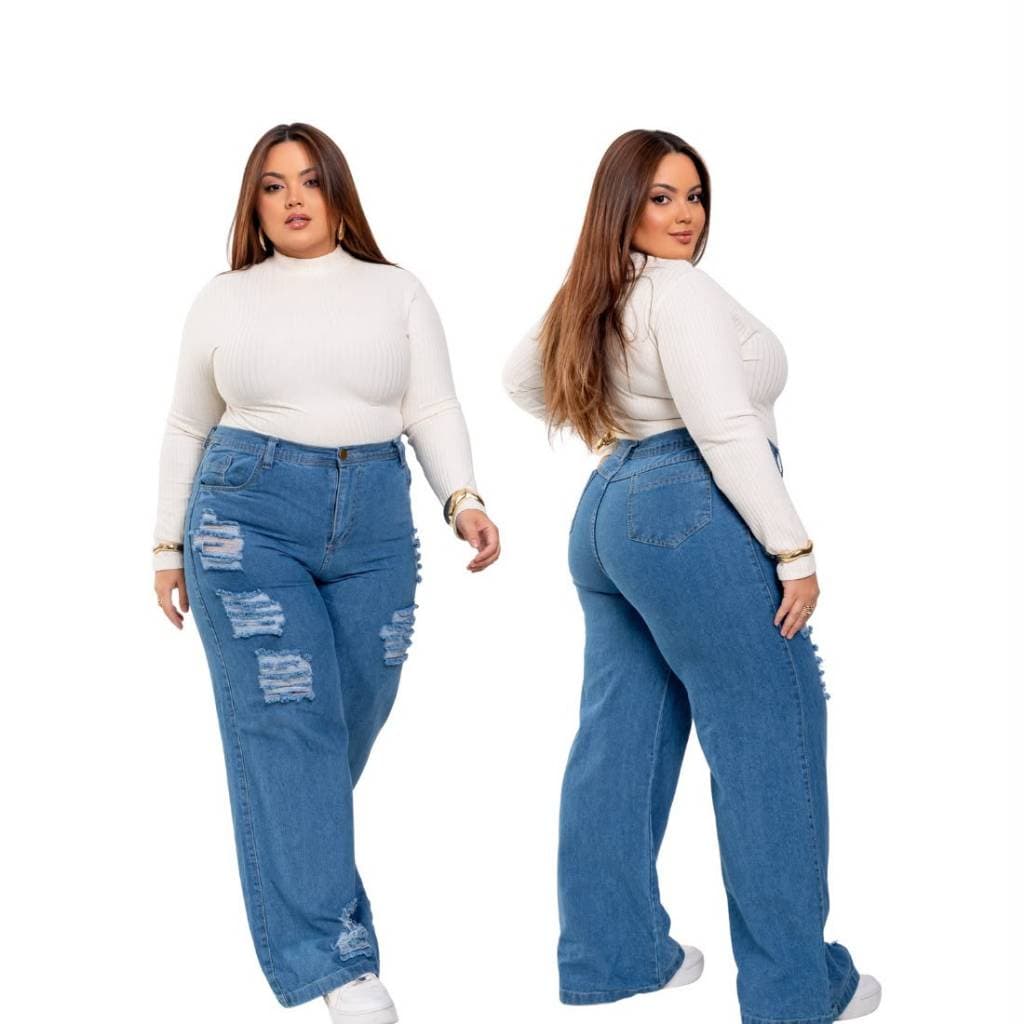 Calça Jeans Feminina Wide Leg Plus Size Cintura Alta