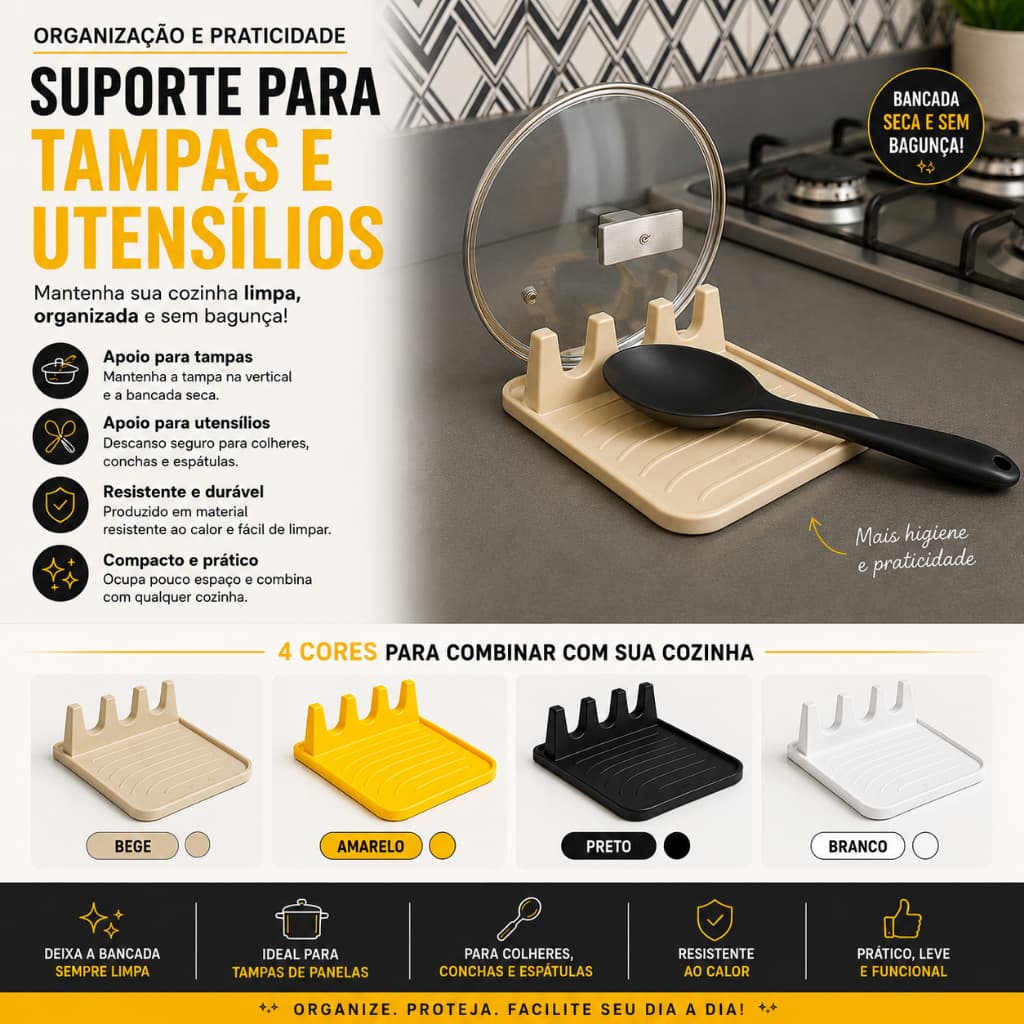 Suporte Organizador para Tampas e Utensílios de Cozinha – Bancada Limpa, Porta Colher, Concha e Tampa de Panela