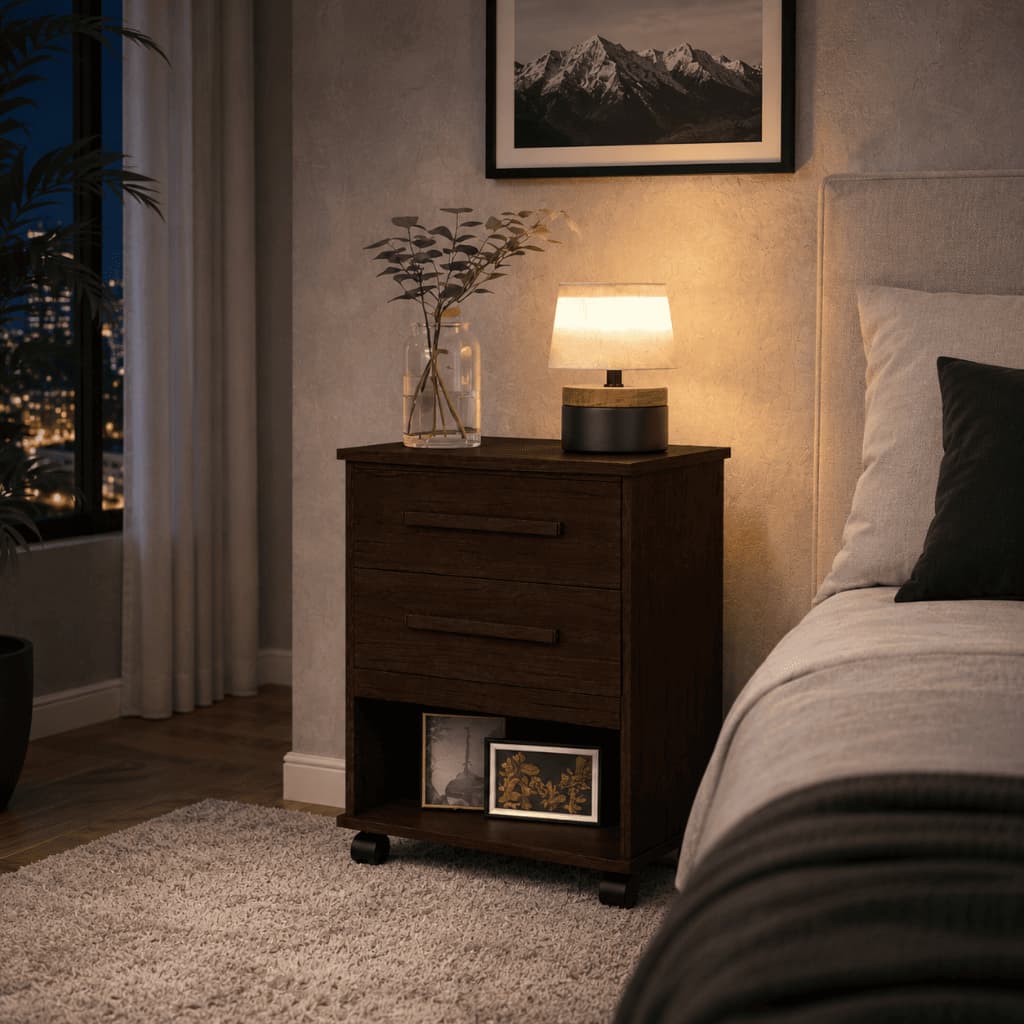 Mesa De Cabeceira Quarto Duas Gavetas Rodinhas Nicho Para Cama Box