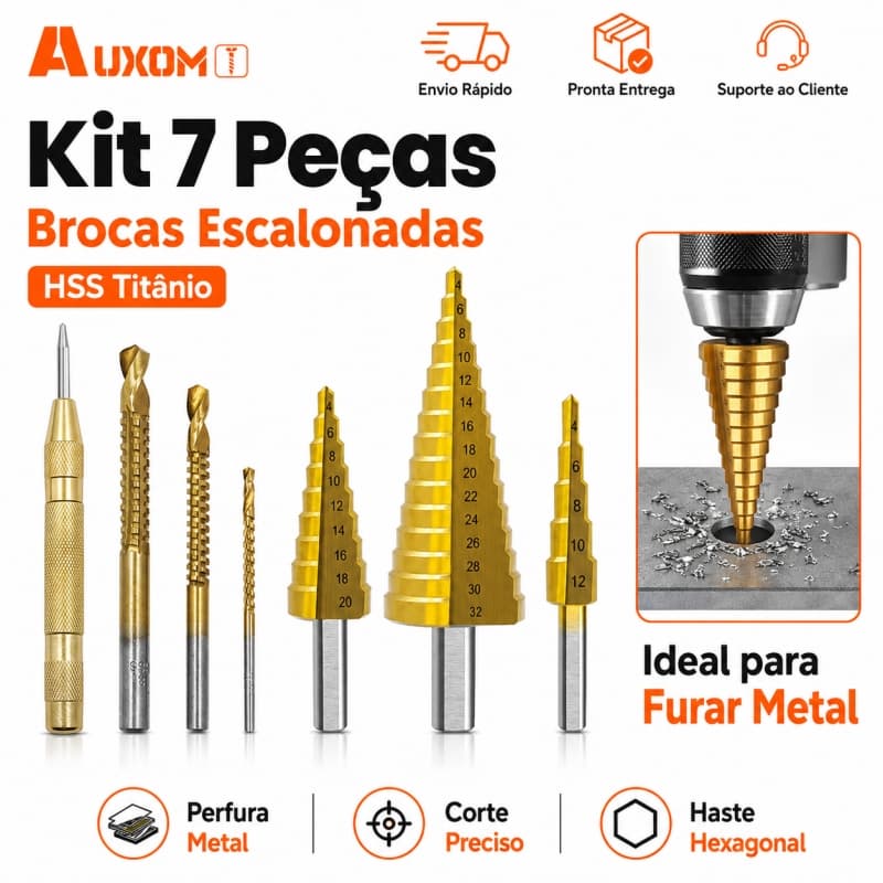 AUXOM Kit Jogo de Brocas Escalonadas HSS Revestidas de Titânio 4-12/20/32mm Para Metal Madeira Plástico
