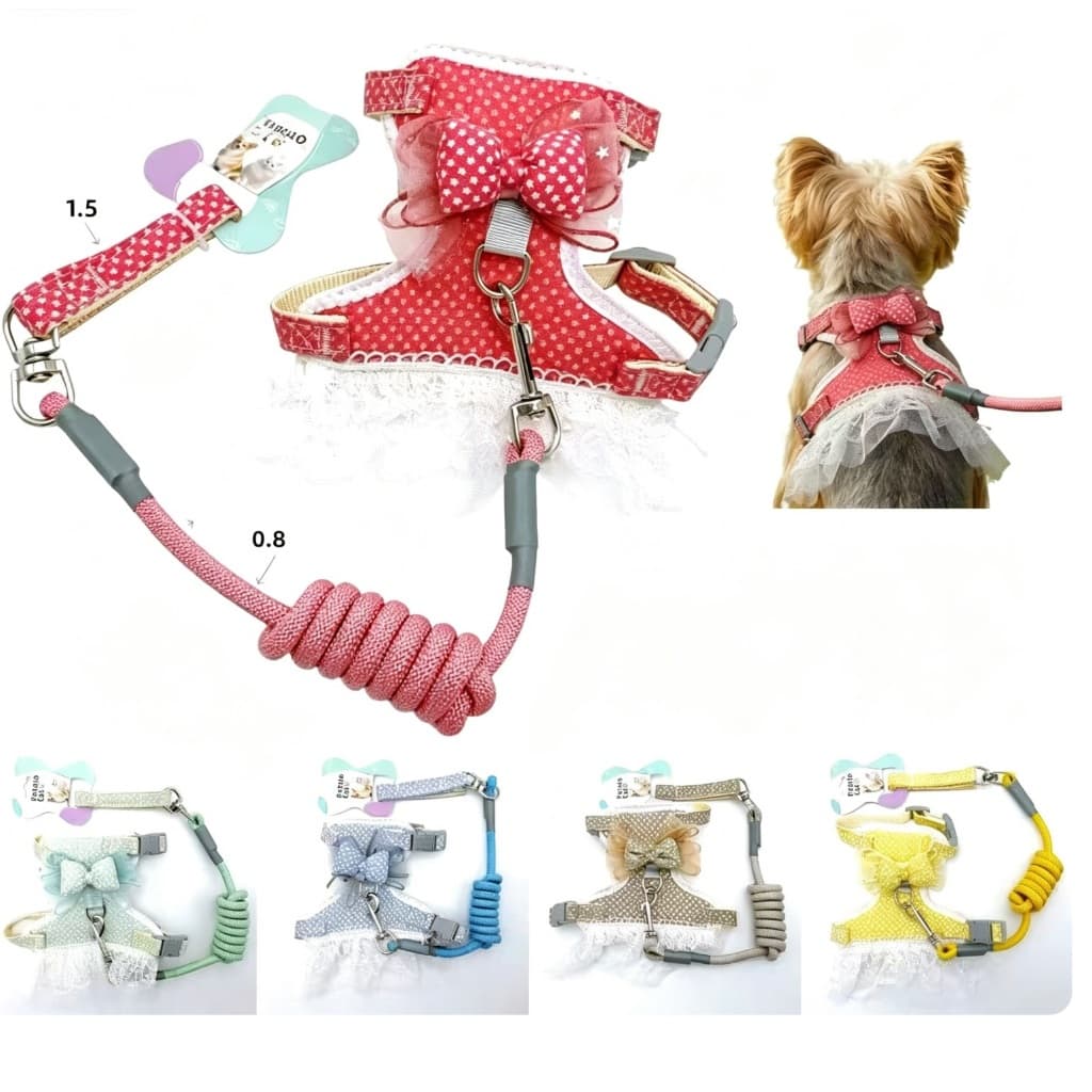 Peitoral e Guia para Cachorros Pequenos com Laço e Renda 120cm Até 5kg Peitoral e Guia 120cm Até 5kg