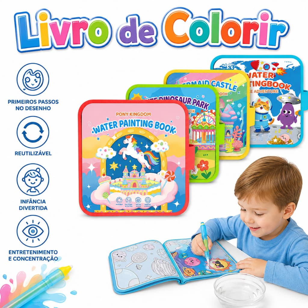 Livro de Colorir Infantil Educativo com Água 10 páginas Caderno de Desenho para Colorir com Caneta Mágica