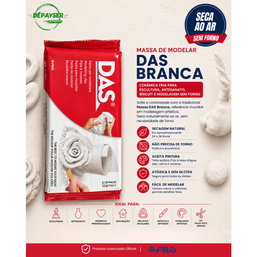 Massa De Modelar E Escultura De Cerâmica Fria 250g 500g 1kg - Das Cor Branco