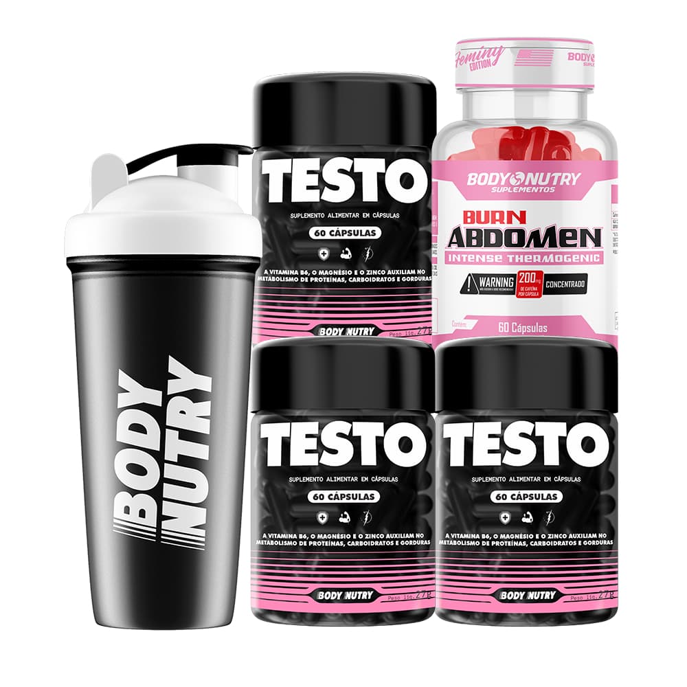 Kit 3x Testo Feminy 180 Cáps + 1x Burn Abdomen Feminy 60 Cáps + 1x Coqueteleira - Body Nutry