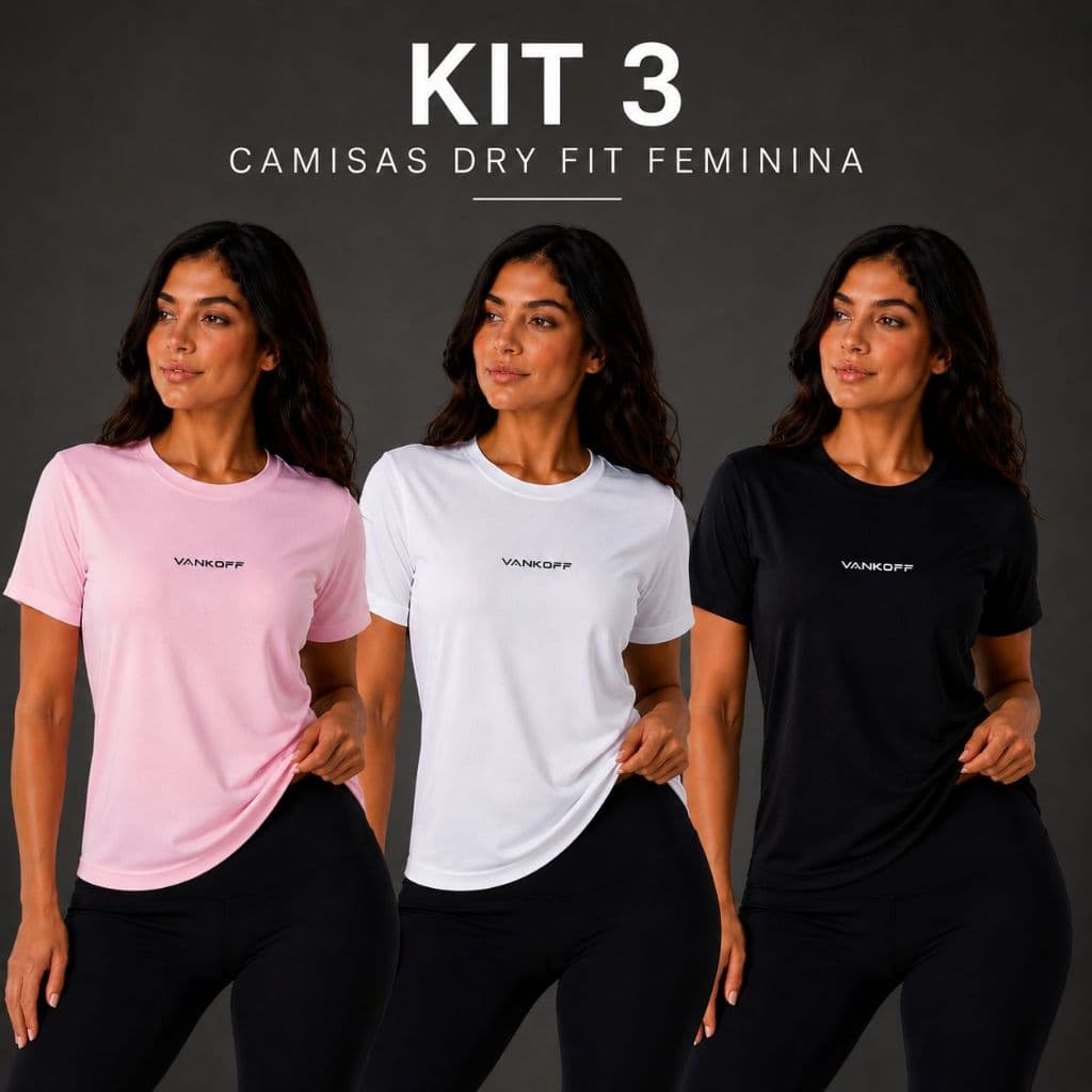 Kit 3 Camiseta DryFit Feminina Vankoff P ao GG - Casual Academia Corrida