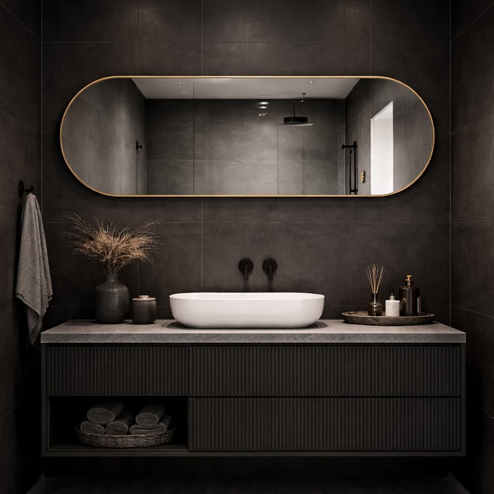 Espelho Decorativo Orgânico Capsula Vertical e Horizontal 110x30 cm com Alça em Couro Ecológico