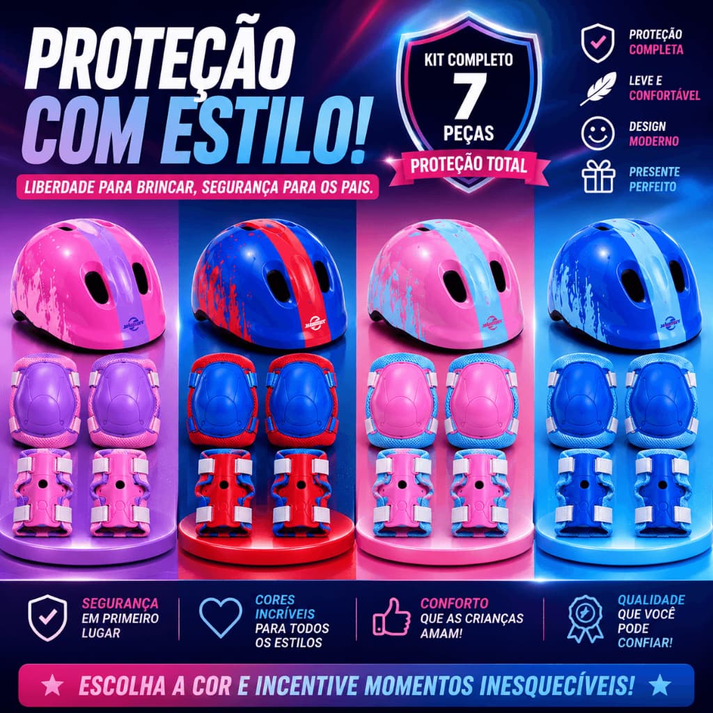 Capacete Proteção Infantil KIT Completo 7 Peças Bicicleta Patins Skates Segurança Conforto 4 Cores