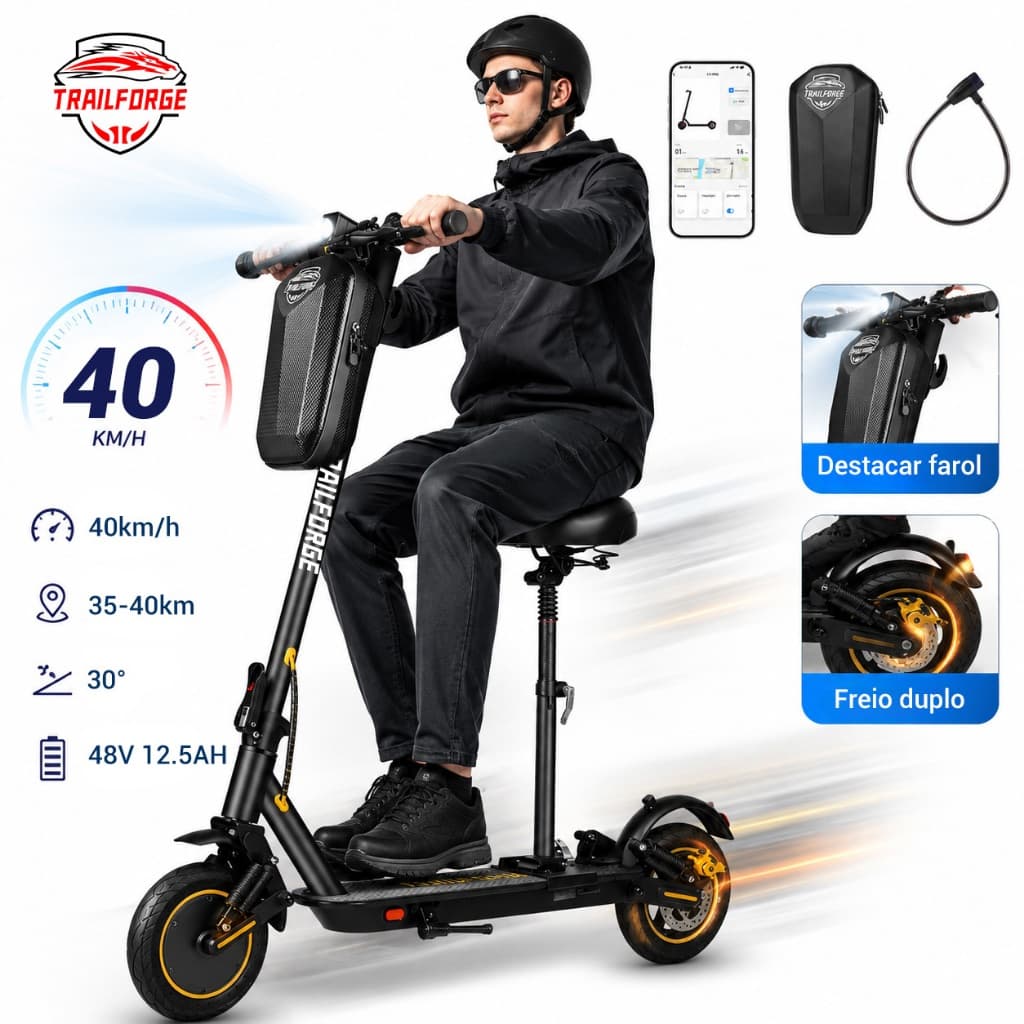 Trailforge-T1 Patinete Elétrico 800W 40KM/H 48V 12.5AH Pneu maciço de 10 polegadas APP bluetooth