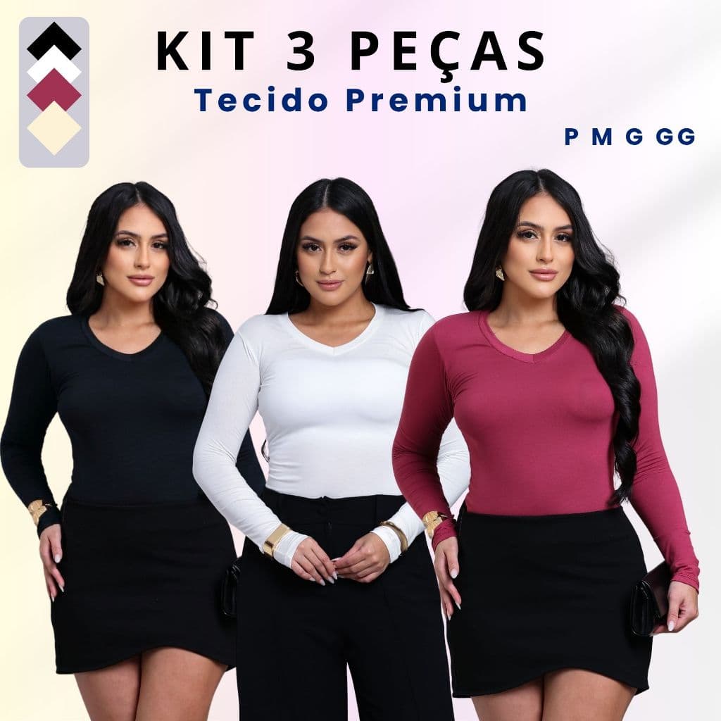 Kit 3 Blusas Segunda Pele Gola V Manga Longa Classica Social