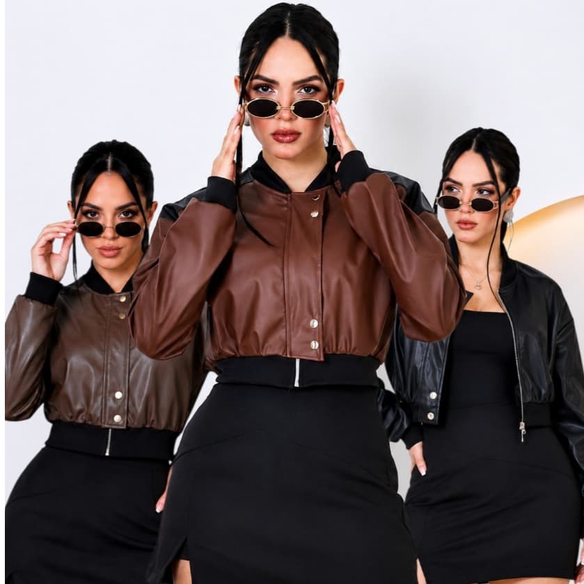 JAQUETA BOMBER FEMININA EM COURO SINTÉTICO CASUAL GOLA ALTA MANGA LONGA FECHAMENTO EM ZÍPER MODA