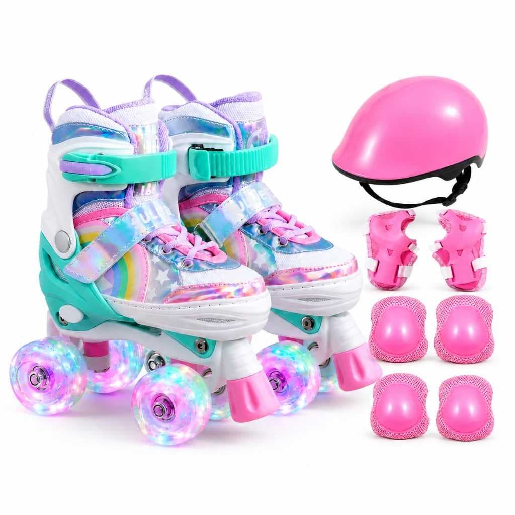 Patins lançamento Arco Iris Rosa 4 Rodas com Kit Proteção e Luz de Led