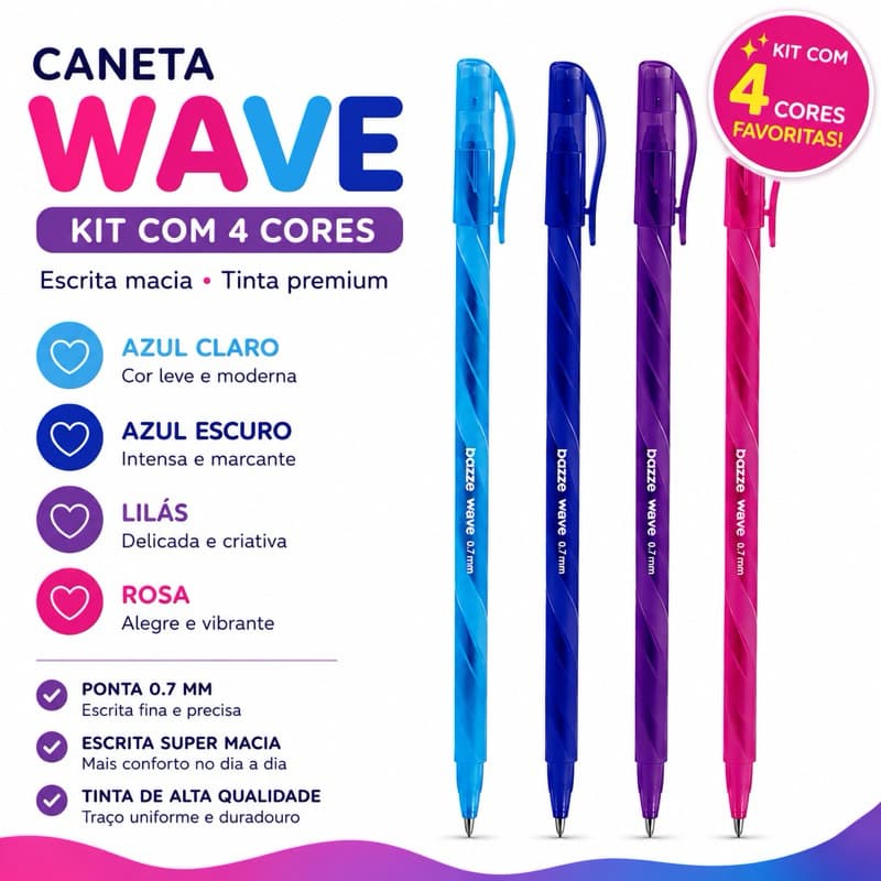 kit 4 Canetas Esferográfica 0.7mm wave BAZZE colorida cores fashion