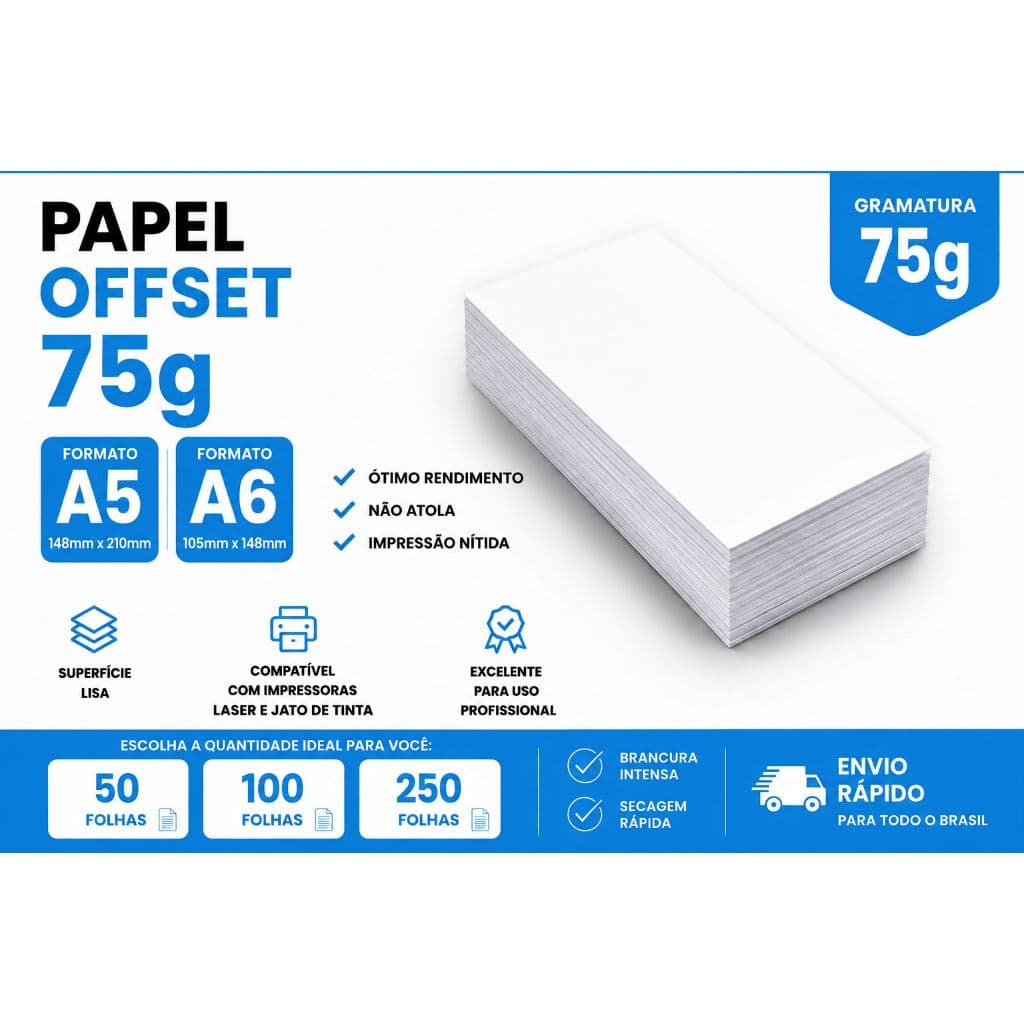 Papel Offset A5, A6 75g Branco Para Impressora Laser e Jato de Tinta | 50 100 250 FOLHAS
