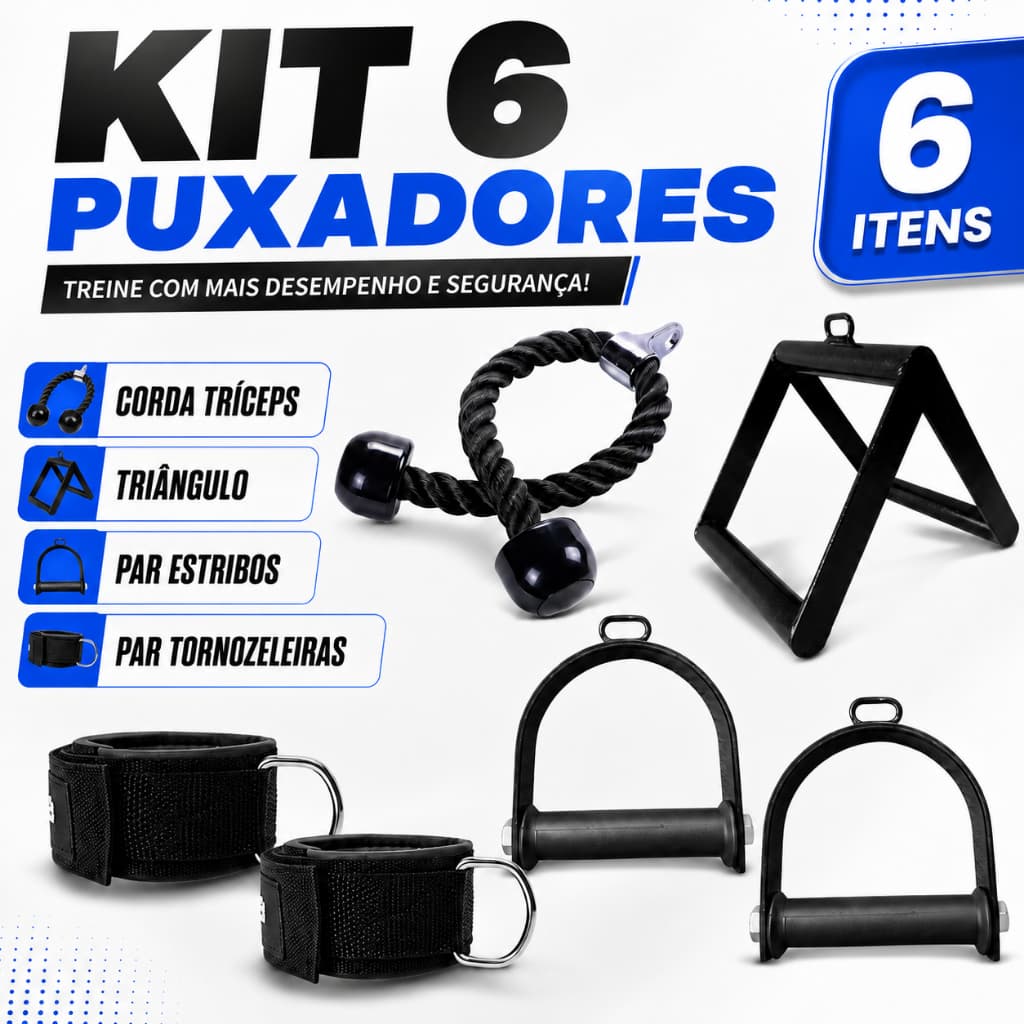 Kit 6 Puxadores Corda Tríceps Estribos Crossover Triângulo Remada Tornozeleiras Glúteos Academia