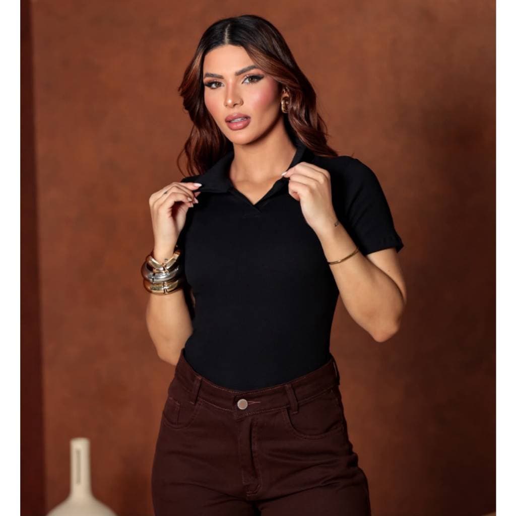 Blusa Polo Feminina Decote V Ribana Ajustada Casual Elegante Manga Curta Camiseta básica feminina