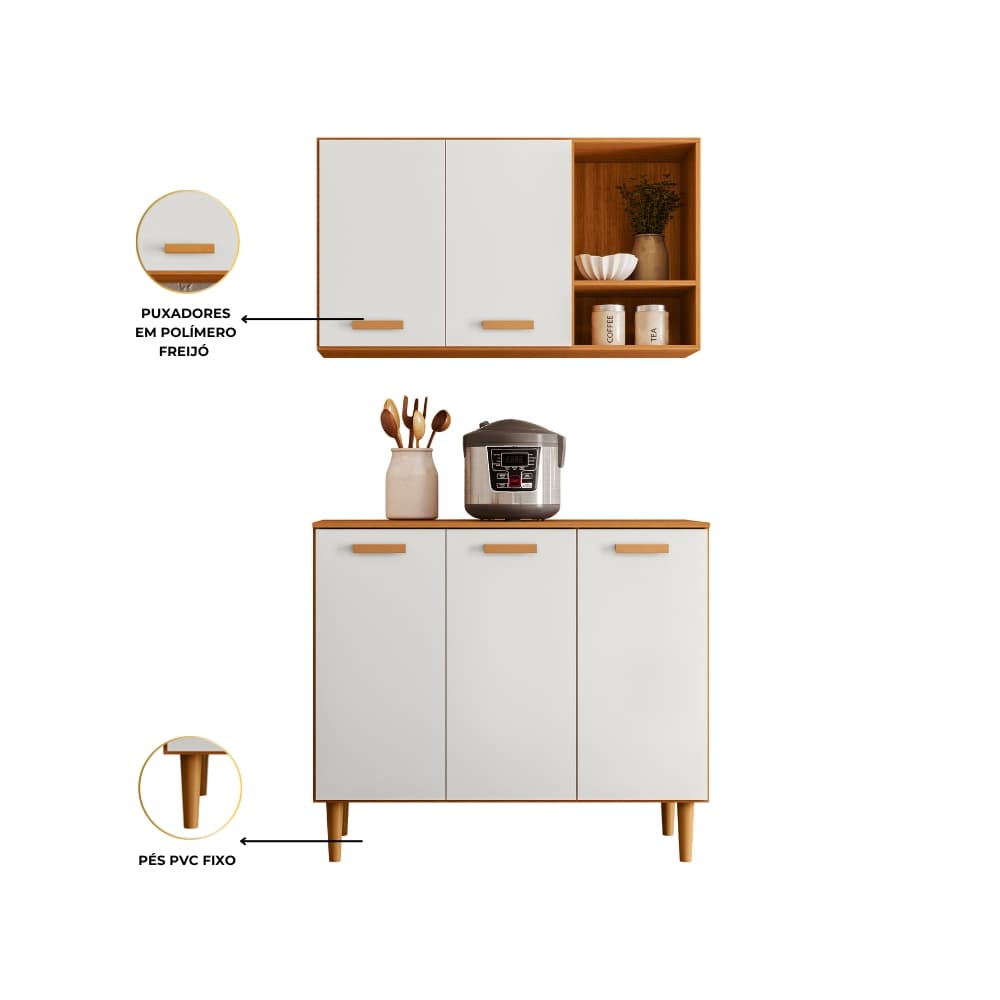 Armário para Cozinha Completo 5 Portas com Balcão e Aéreo Compacto Funcional Moderno com Nicho e Pés