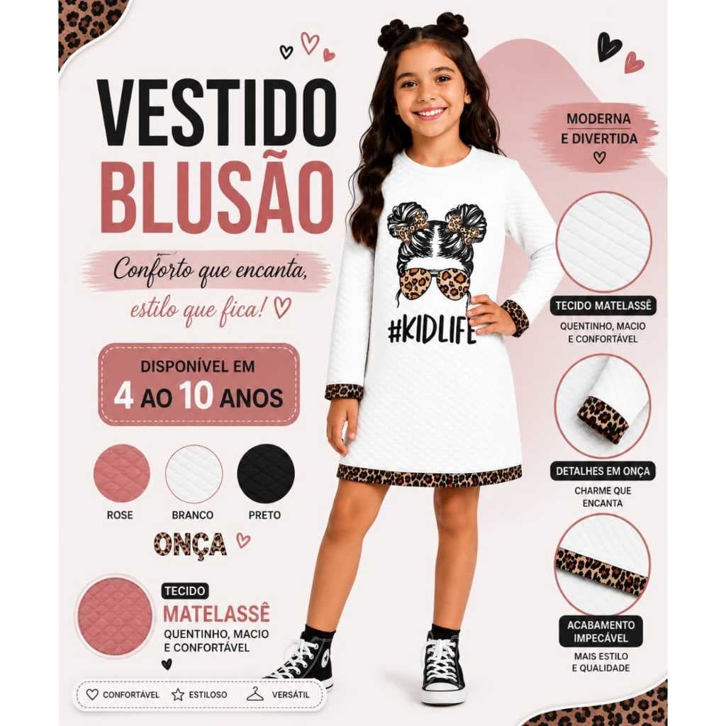VESTIDO INFANTIL CURTO MANGA CUMPRIDA  MATELASSE OUTONO INVE