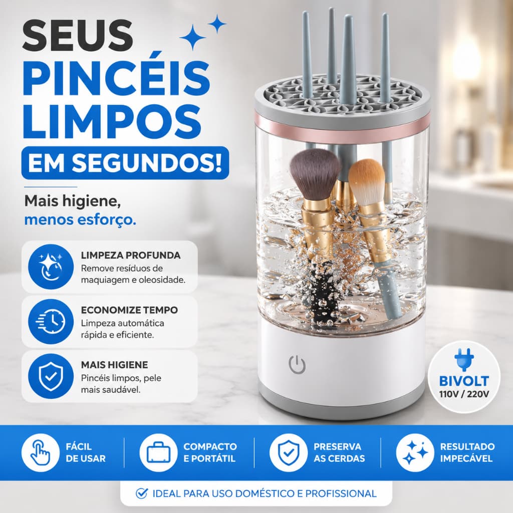 Limpador de Pincéis de Maquiagem Automático Elétrico Bivolt Profissional Lavadora Higienizador Premium