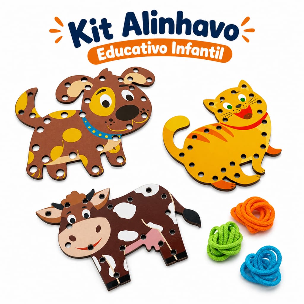 Kit 3 Alinhavo Educativo MDF Coordenação Motora Infantil Cachorro Gato Vaca Desenvolve Concentração