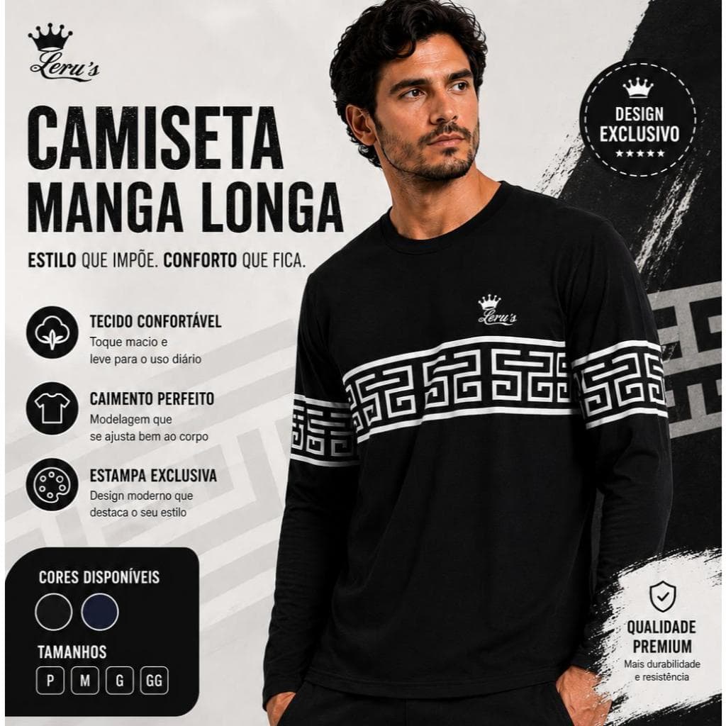 CAMISETA MANGA LONGA MASCULINA PREMIUM ESTILO MODERNO CONFORTAVÉL ALGODÃO 100%