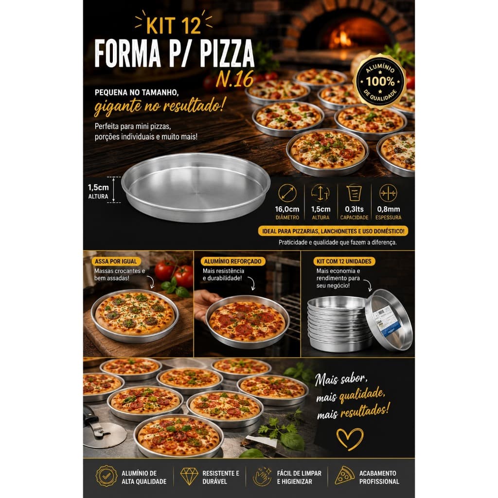 Kit 10 Formas para Pizza N°16 Alumínio Reforçado 16cm | Profissional 0,8mm | PROMOÇÃO