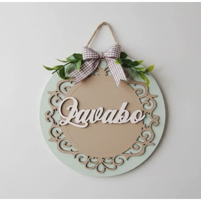 Placa de Porta Lavabo Redonda MDF - Decoração Rústica Banheiro