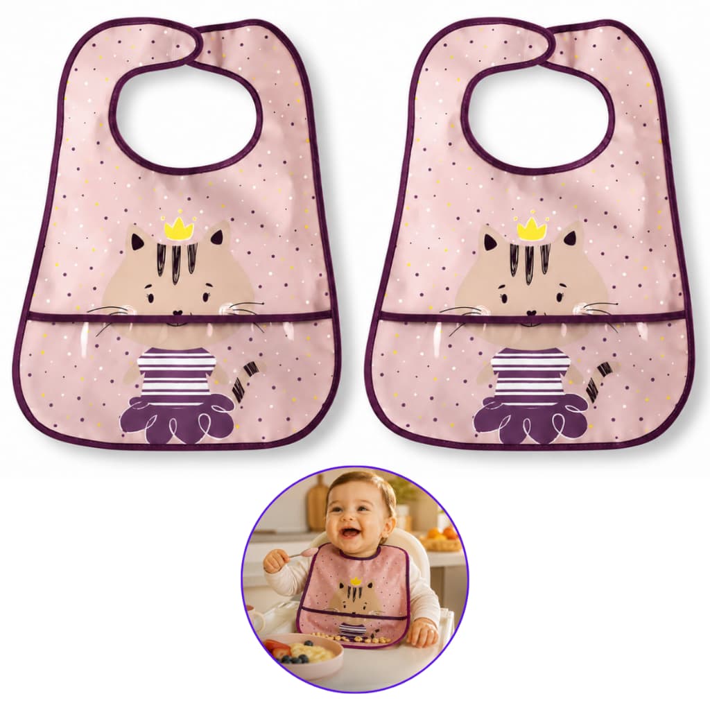 2 Babador Impermeáveis Infantil Menina Gatinha Bolso Pega Migalhas
