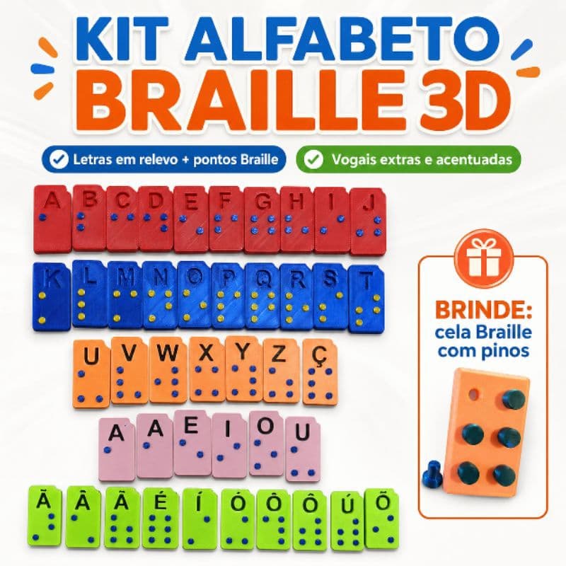 Kit Alfabeto Braille 3D Educativo com Vogais Extras e Cela braille pinus