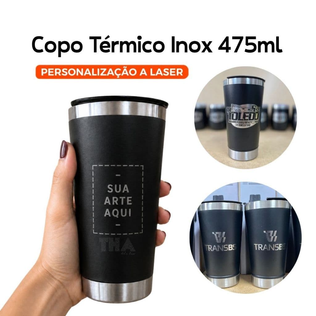 Copo Térmico Inox 475ml Gravado a Laser com Tampa | Lembrança, Festa e Presente