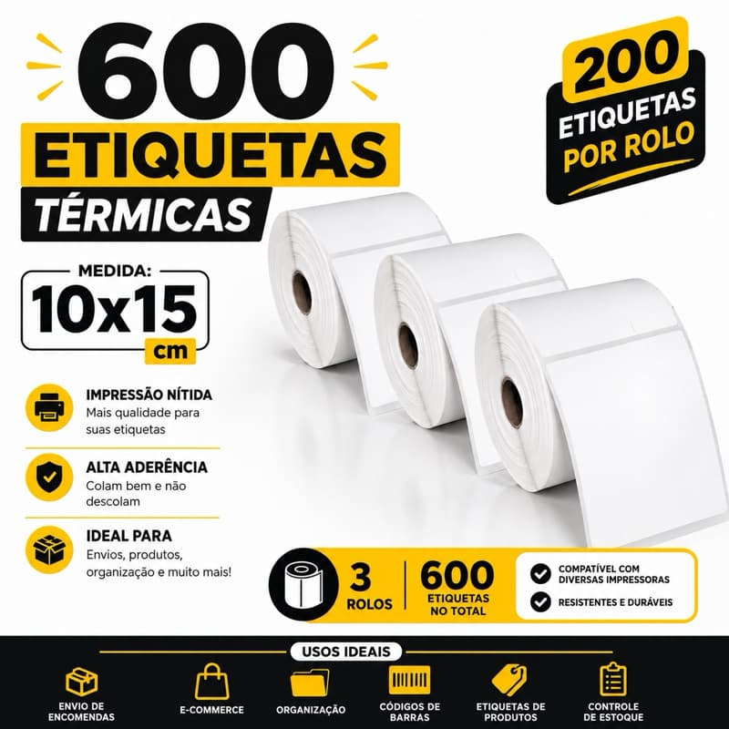 3 Rolos Etiquetas Térmica Adesiva 100x150mm em Rolo / Impressora Térmica ecommerce marketplace S/ Serrilha