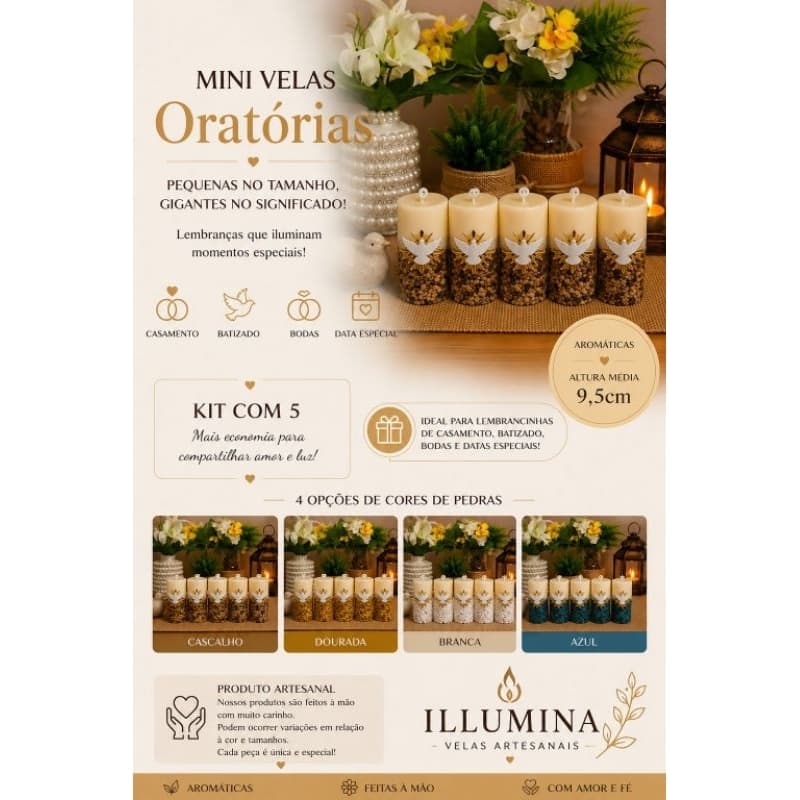 Kit 5 Mini Velas Divino Espírito Santo Aromáticas Lembrança Batizado Casamento