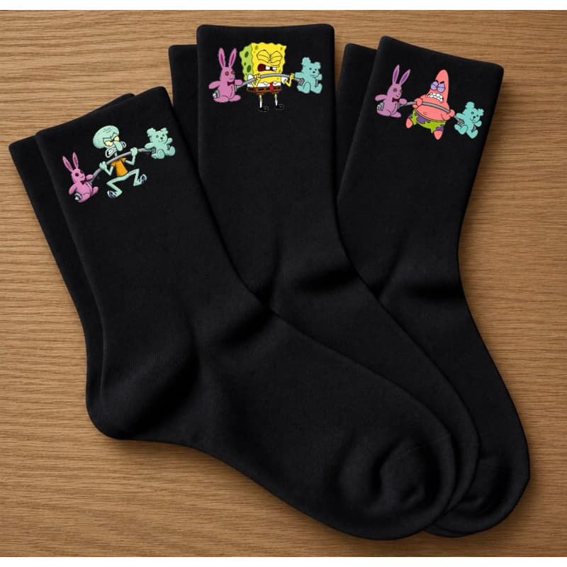 kit 3 Pares De Meias Esportivas Estampa Divertida Turma Do Bob Esponja Algodão Premium Queridinha do Momento