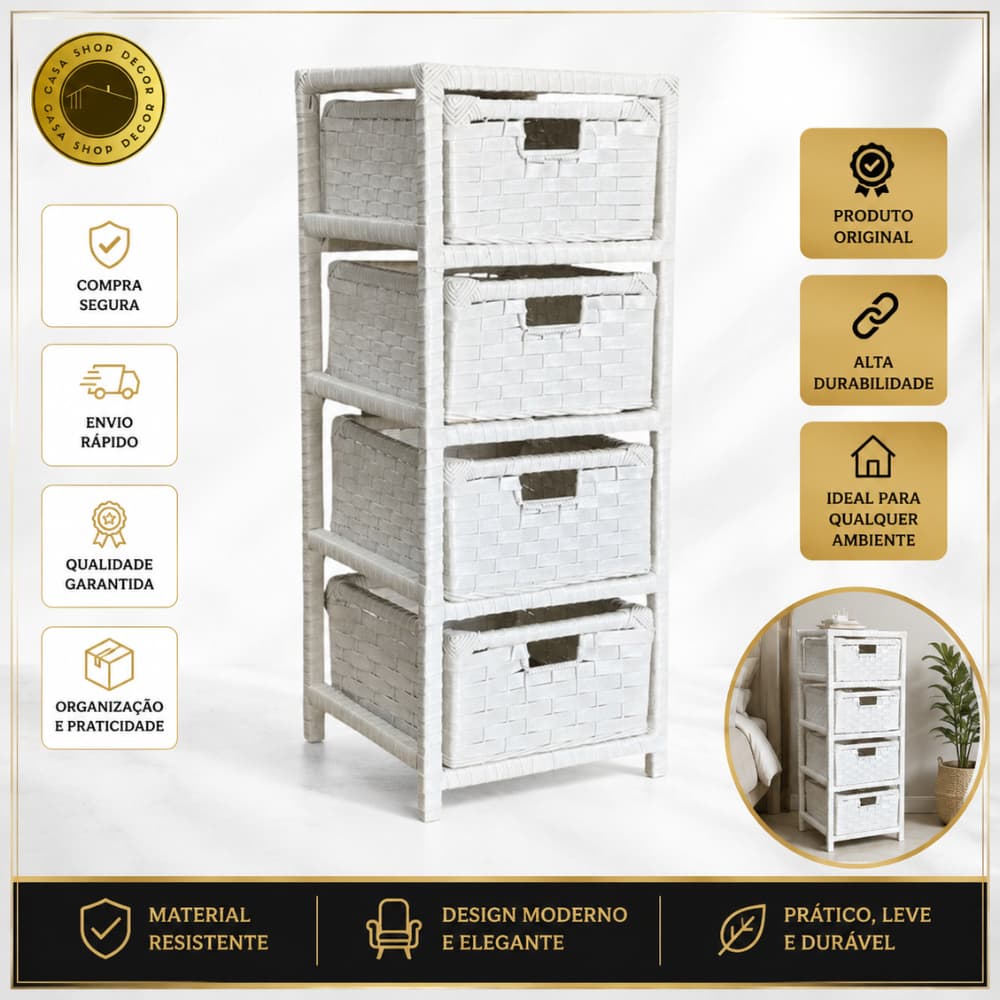 Gaveteiro Organizador Fibra Sintética 4 Gavetas 30x30x75 Banheiro Quarto Vertical Luxo (Já Montado)