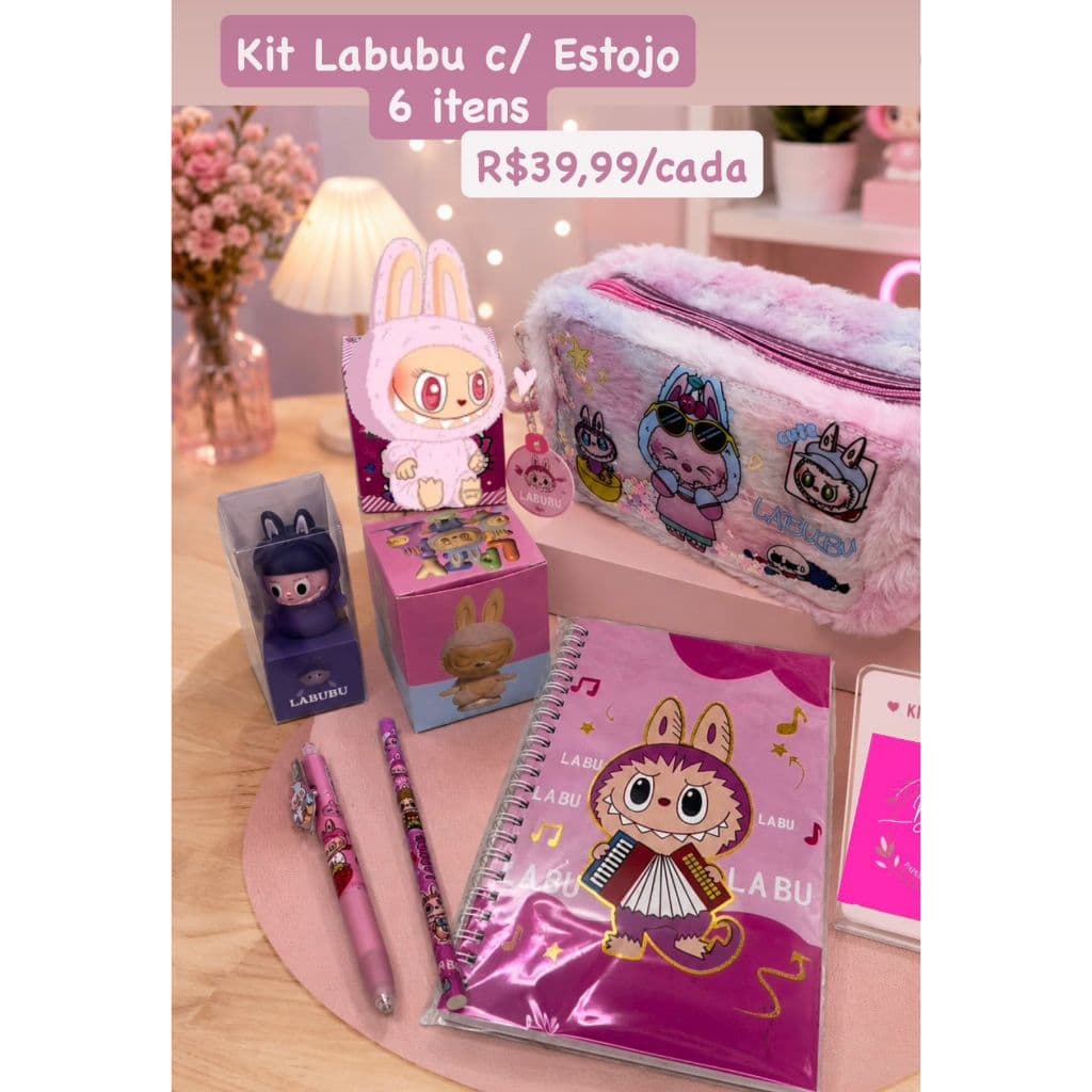 Kit papelaria LABUBU Caderno Estojo Caneta Material Escolar
