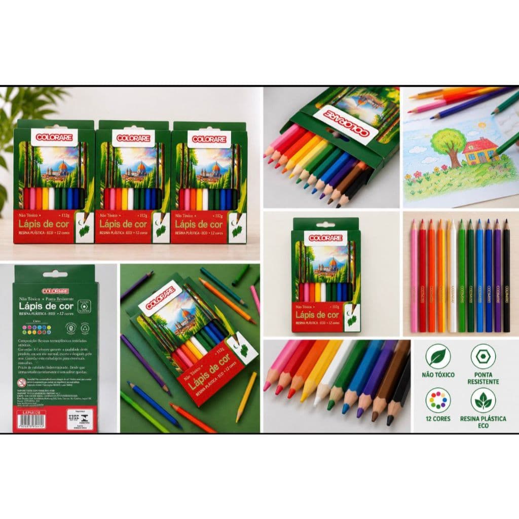 Kit 3 Caixas Lápis de Cor Colorare 12 Cores Resina Plástica Escolar Não Tóxico