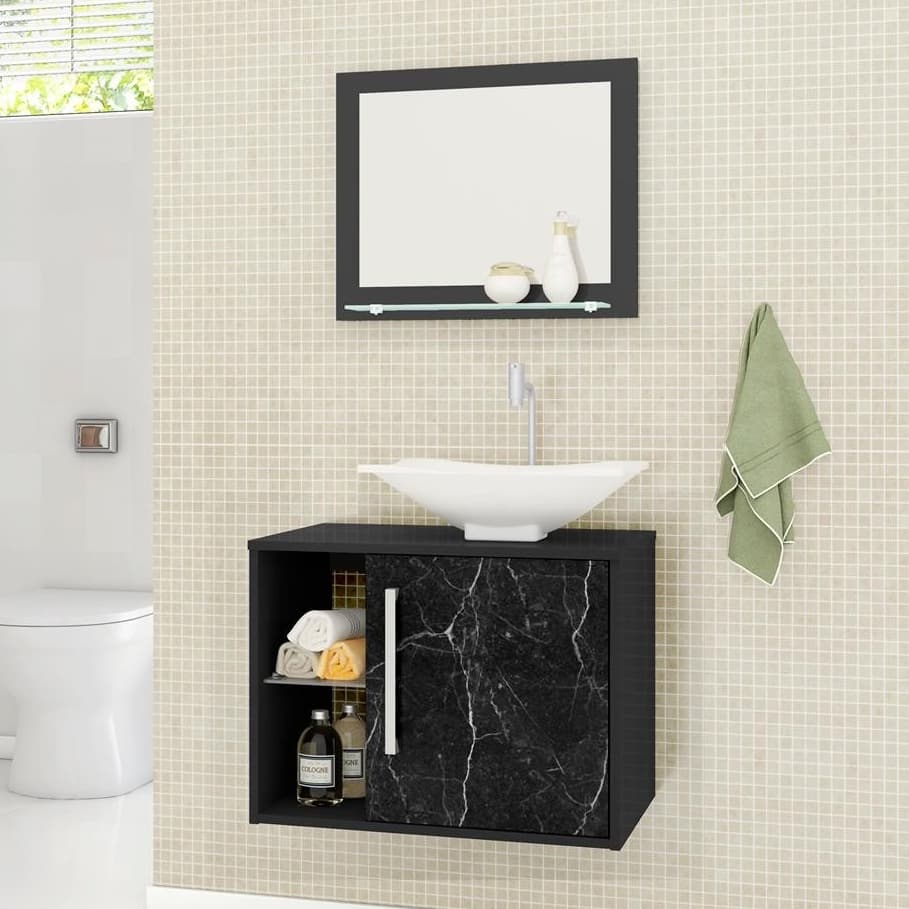 Conjunto para Banheiro com Gabinete Baden Preto Fosco Nero Desing Moderno com Espelheira JB Bechara