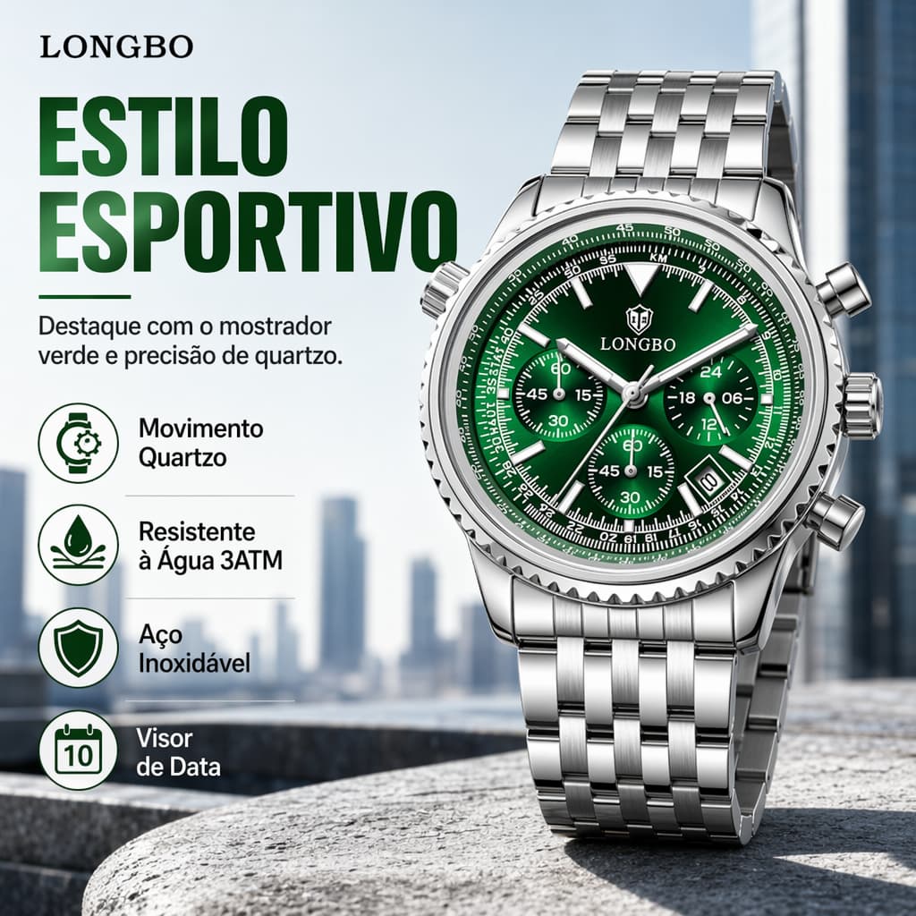 Relógio Masculino Cronógrafo Verde Esmeralda Aço Inoxidável Quartzo 30M Luminosa Presente Luxo
