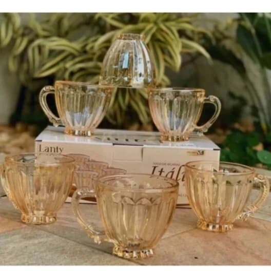 Jogo de Xícaras Chá e Café 90ml Itália Âmbar Jogo 6 Peças Canecas Cristal douradas Luxuoso