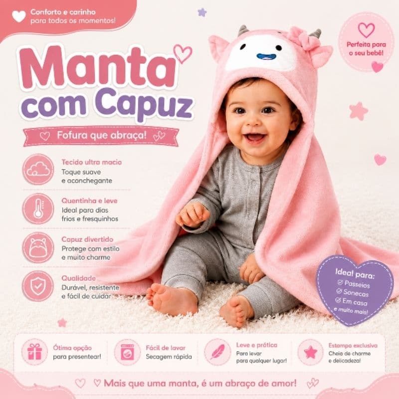 Manta para Bebê com Capuz Bordado Bichinhos Pimpolho