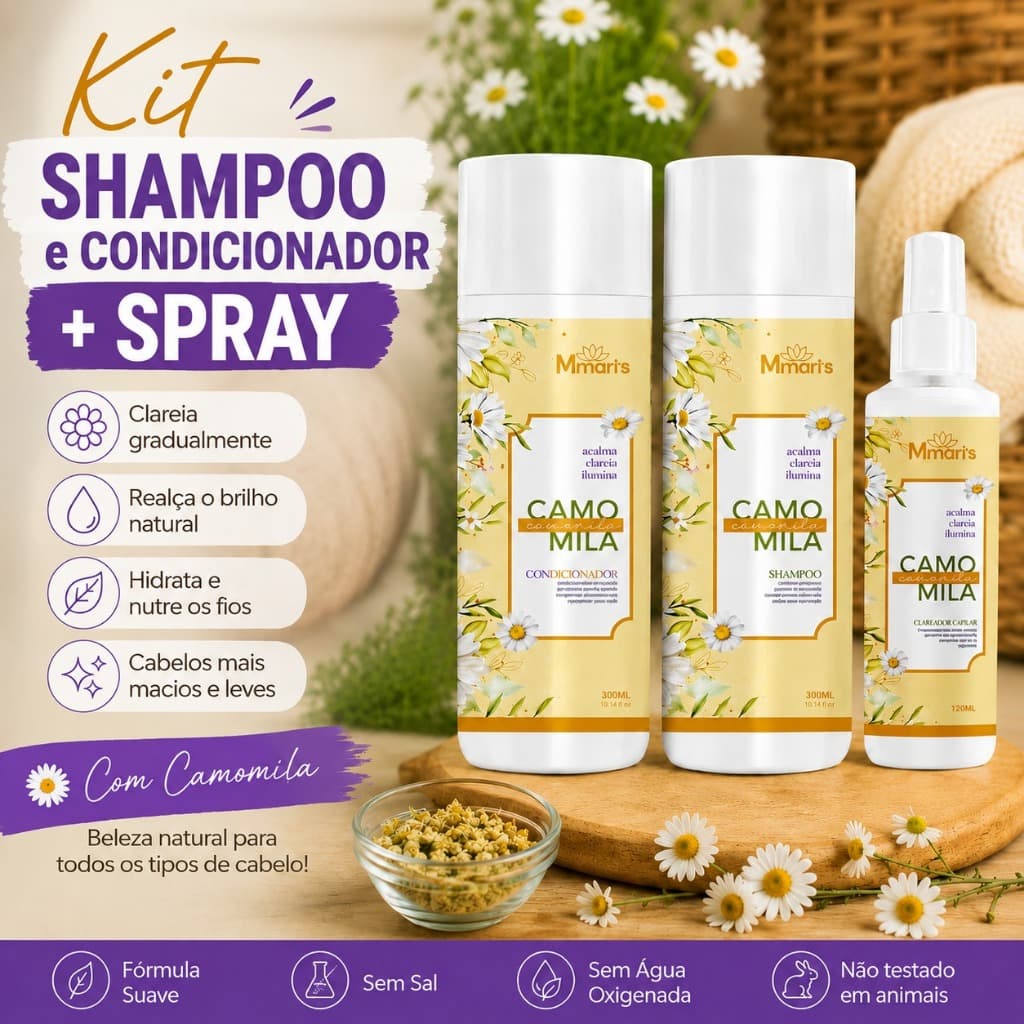 Kit Shampoo/Condicionador Cabelos Camomila Spray Reflexos Naturais Iluminador Clareamento Natural