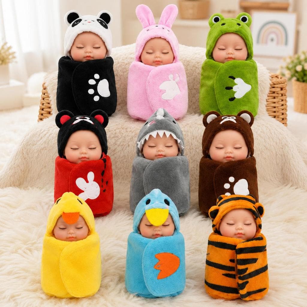 Boneca Bebê Dormindo com Mantinha de Animais Pelúcia Macia Presente Infantil Decoração Colecionável