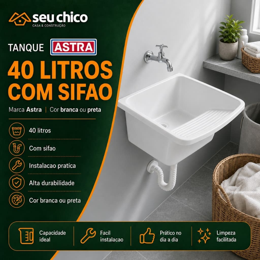 Tanque Plastico ASTRA 40 LITROS com SIFAO Branco ou Preto para Lavanderia