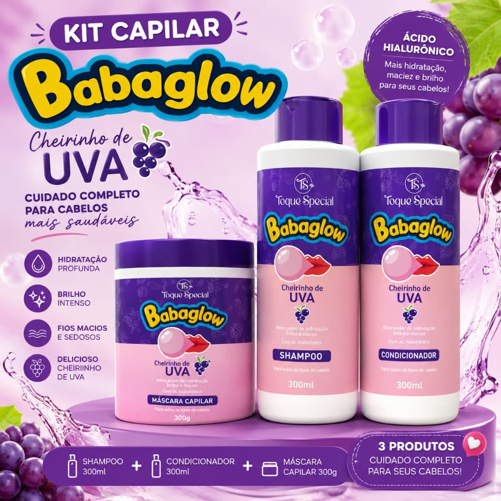 Kit Capilar Babaglow Uva Toque Special – Shampoo 300ml + Condicionador 300ml + Máscara Capilar 300g