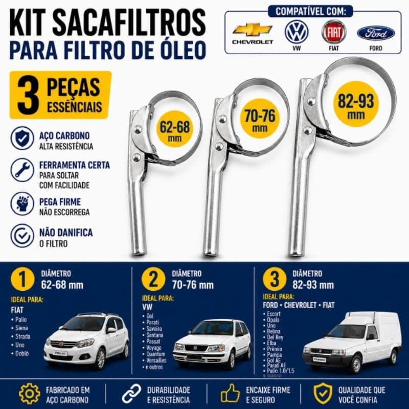 Kit Chave Saca Filtro de Óleo 3 Peças | Cinta para Remover Filtro de Óleo | Fiat VW Chevrolet Ford