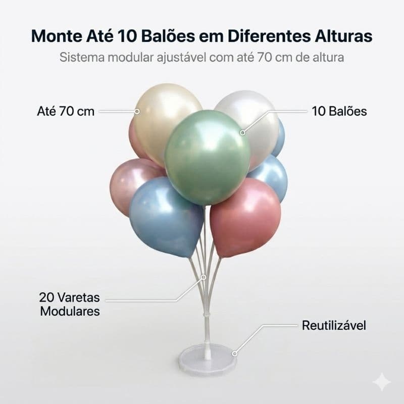 1 Suporte De Balões Grande Chão Ou Mesa 10 Hastes Base Larga