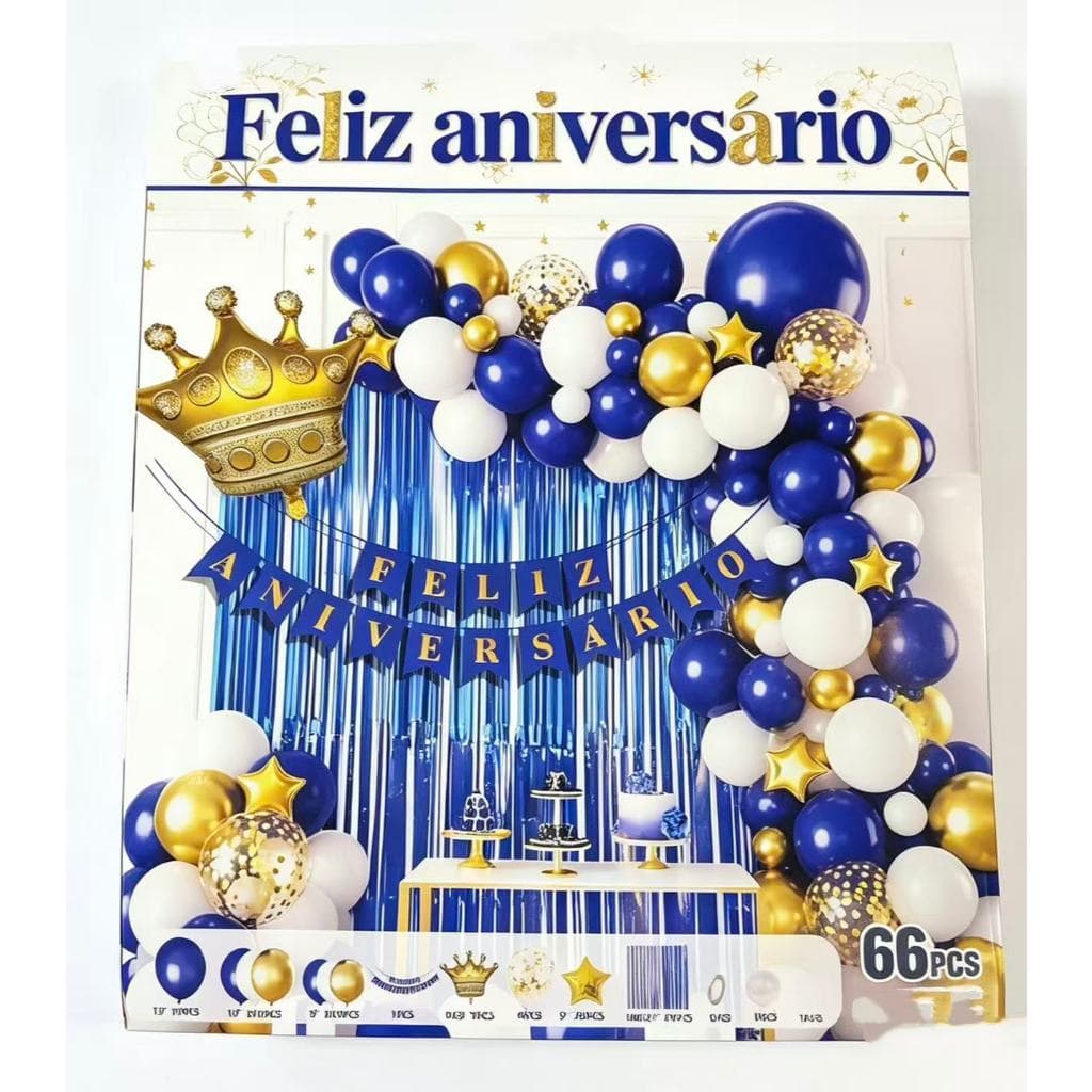 Kit Feliz Aniversário C/66pçs Balão Bexiga Confete Cortina Happy Birthday Metalizado Festa Decoração Enfeite
